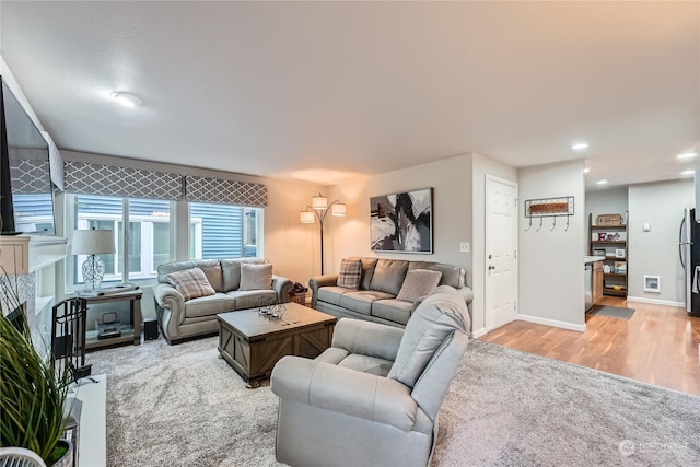 living room featuring a tiled fireplace and light wood-type flooring