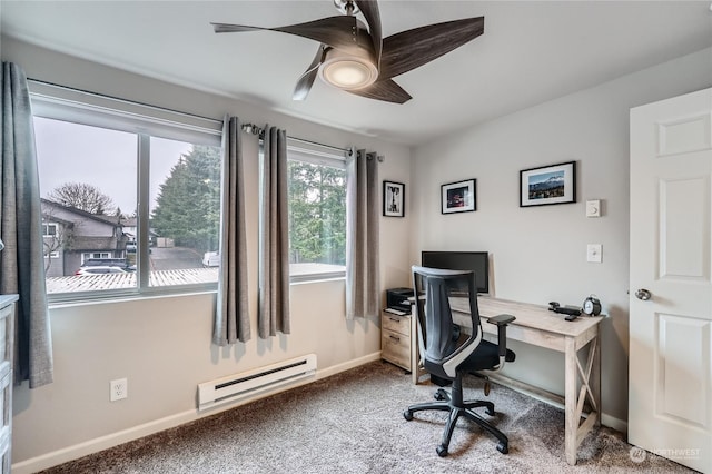 office featuring carpet floors, ceiling fan, and baseboard heating