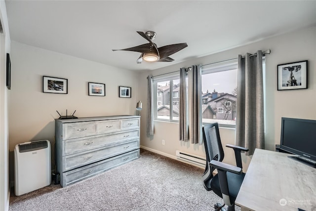 carpeted office with ceiling fan and a baseboard radiator