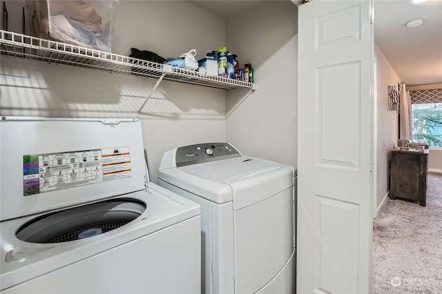 clothes washing area with separate washer and dryer and carpet floors