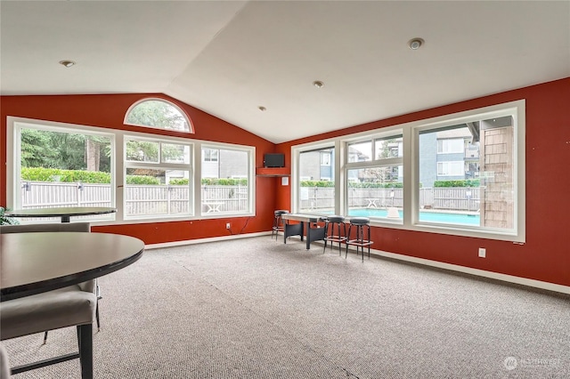 interior space featuring lofted ceiling and carpet floors