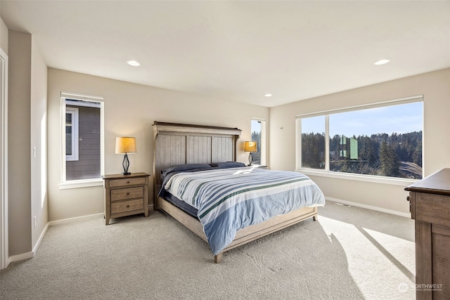 bedroom with light carpet