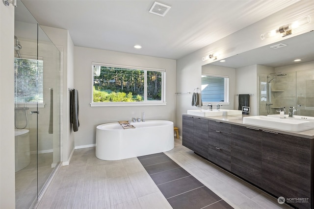 bathroom with separate shower and tub and vanity