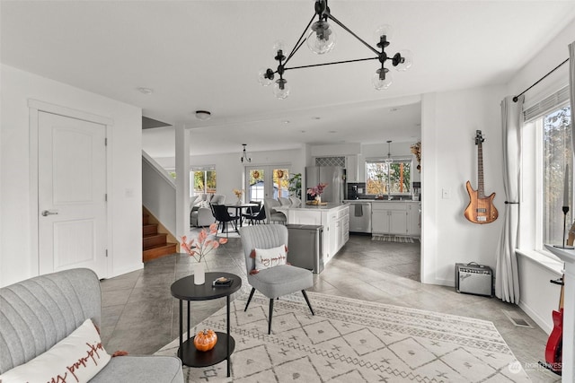 living room with light tile patterned flooring