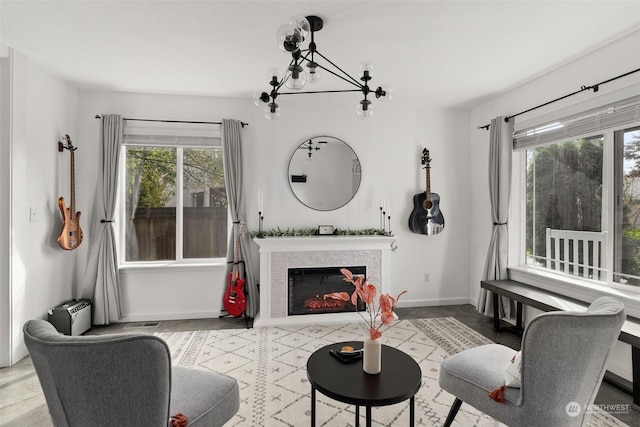 living room with a chandelier