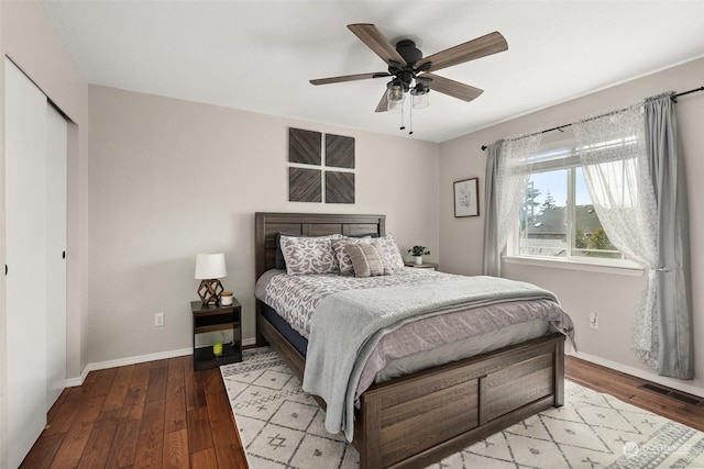 bedroom featuring ceiling fan, light hardwood / wood-style flooring, and a closet