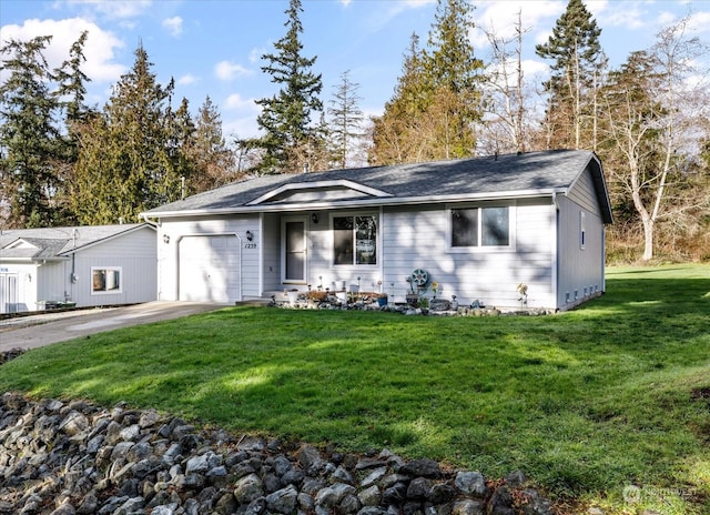 single story home with a front yard and a garage