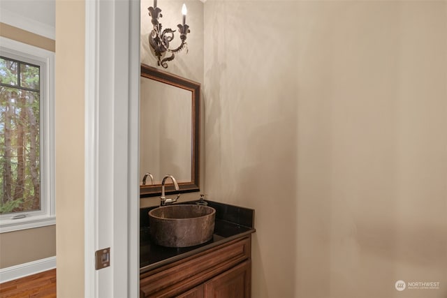 bathroom featuring vanity, hardwood / wood-style floors, and crown molding