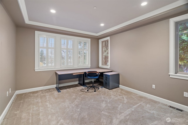 home office featuring a tray ceiling and light colored carpet