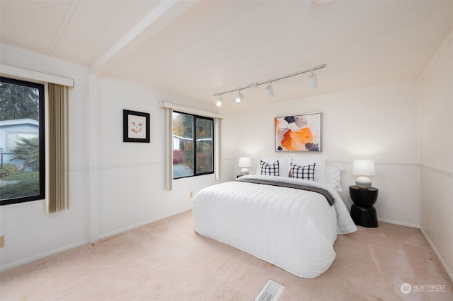 carpeted bedroom with rail lighting