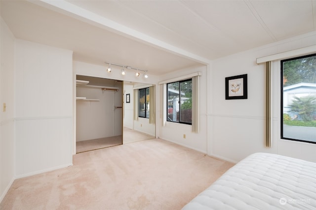 unfurnished bedroom featuring light carpet, a closet, and multiple windows