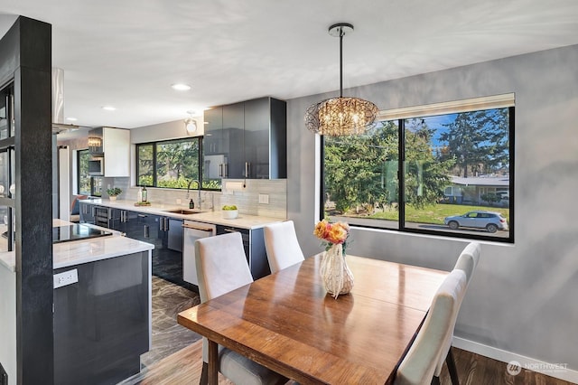 dining room with sink and dark hardwood / wood-style floors