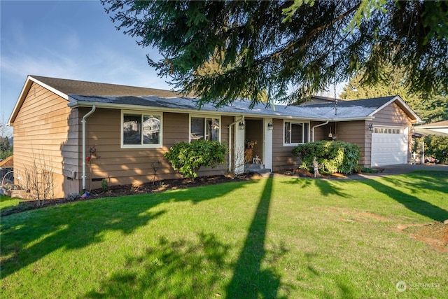 single story home featuring a garage and a front lawn