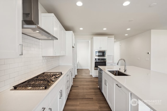 kitchen featuring sink, wall chimney range hood, white cabinets, and stainless steel appliances