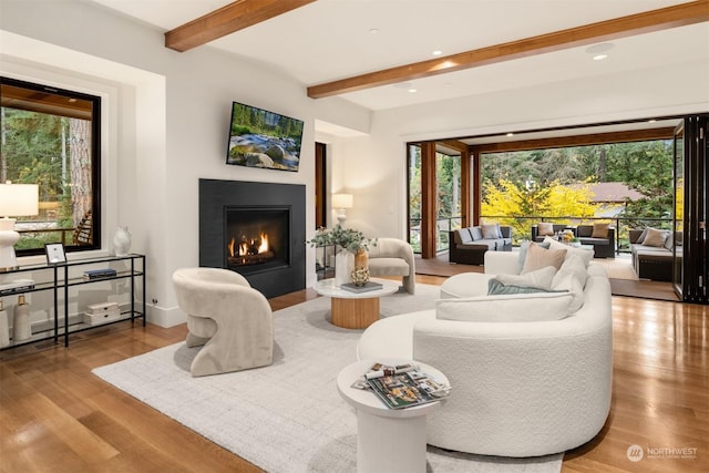 living room with plenty of natural light, beamed ceiling, and light wood-type flooring