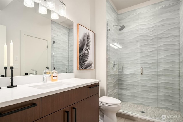 bathroom featuring vanity, toilet, and a shower with door