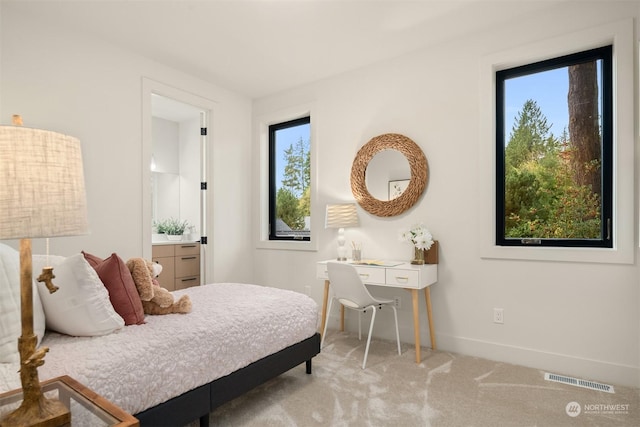 bedroom featuring light carpet and multiple windows