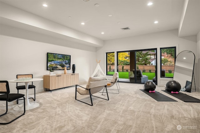 living room featuring light colored carpet