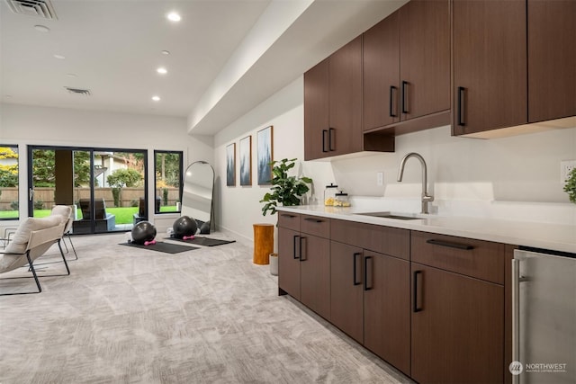 kitchen with sink, dark brown cabinets, and light colored carpet