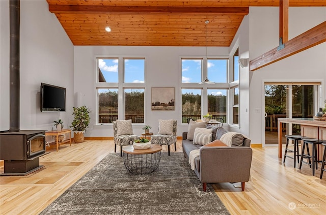 living room featuring high vaulted ceiling, light hardwood / wood-style floors, a wood stove, and wooden ceiling