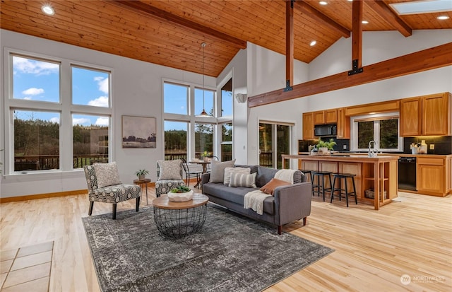 living room featuring a skylight, light hardwood / wood-style flooring, and high vaulted ceiling