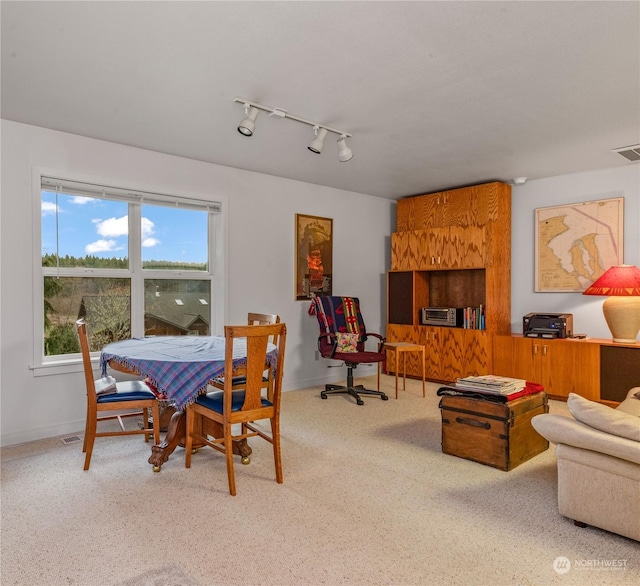 dining room featuring carpet floors and rail lighting