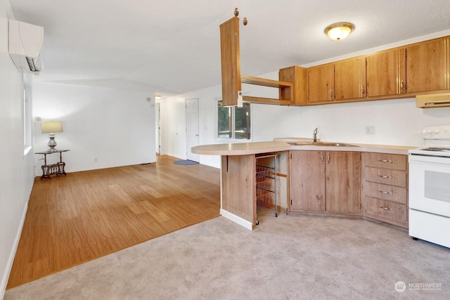 kitchen with white range with electric cooktop, sink, light wood-type flooring, kitchen peninsula, and a breakfast bar