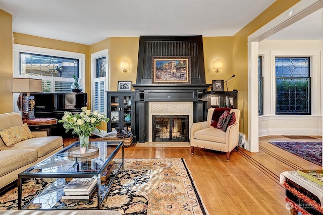 living room featuring hardwood / wood-style floors and a fireplace