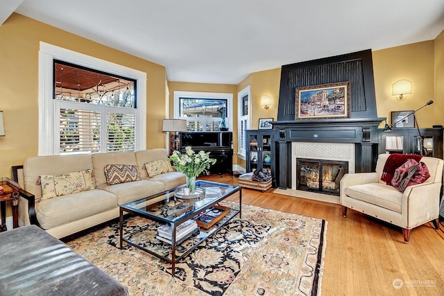 living room featuring a fireplace and hardwood / wood-style flooring