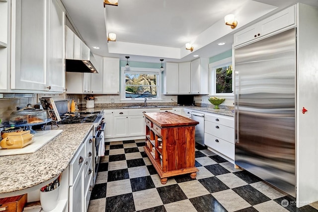 kitchen featuring white cabinets, decorative light fixtures, high end appliances, sink, and a tray ceiling