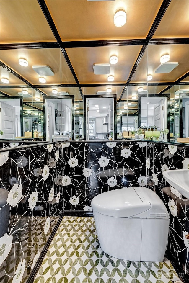 bathroom with coffered ceiling