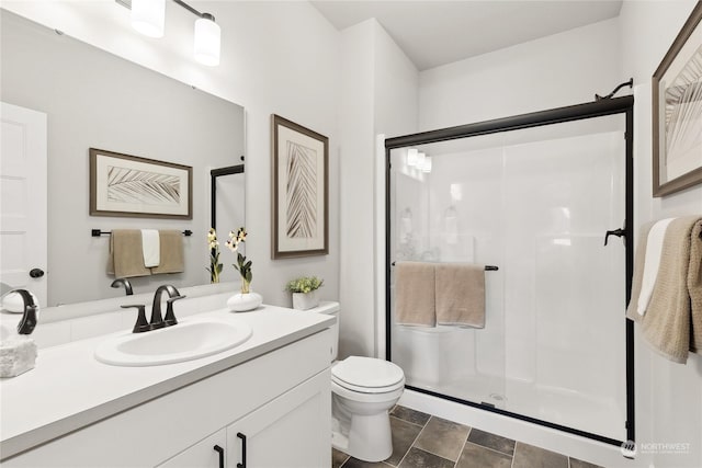 bathroom with vanity, an enclosed shower, and toilet