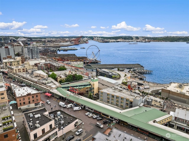 drone / aerial view with a water view