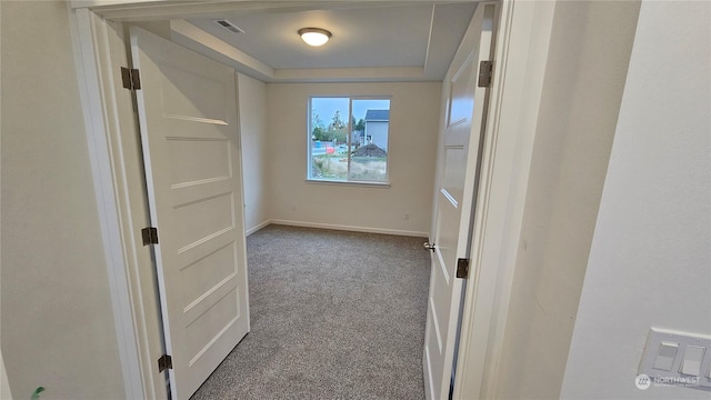 interior space with a tray ceiling and carpet