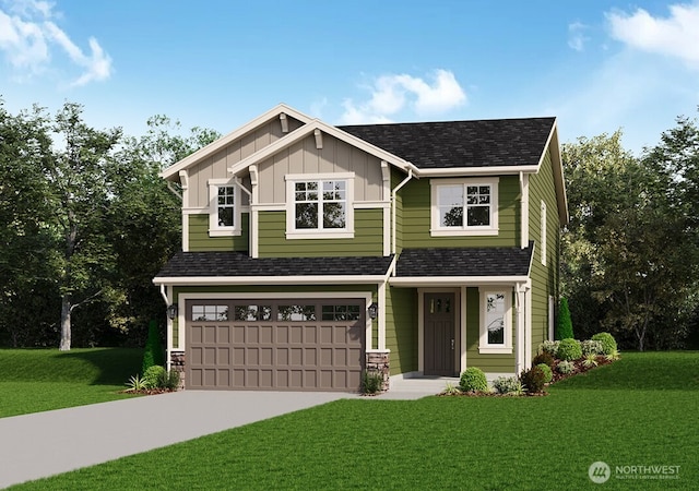 craftsman-style home with driveway, roof with shingles, an attached garage, board and batten siding, and a front yard