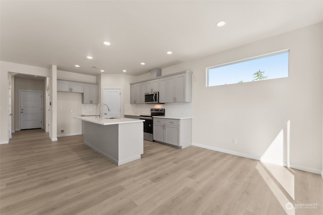 kitchen with appliances with stainless steel finishes, tasteful backsplash, sink, gray cabinetry, and a center island with sink