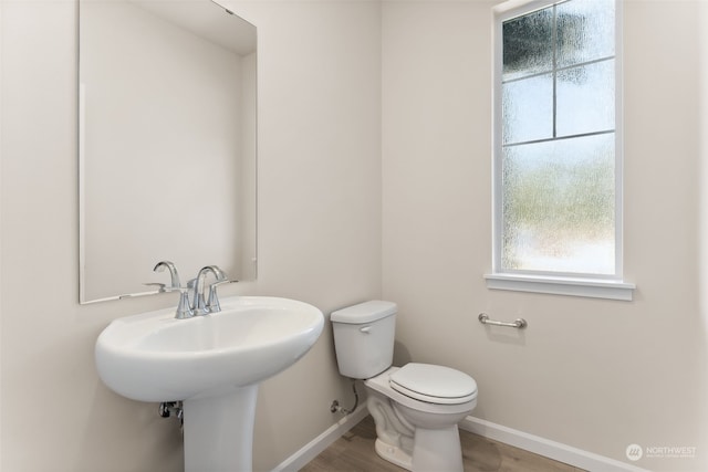 bathroom with hardwood / wood-style floors, sink, and toilet