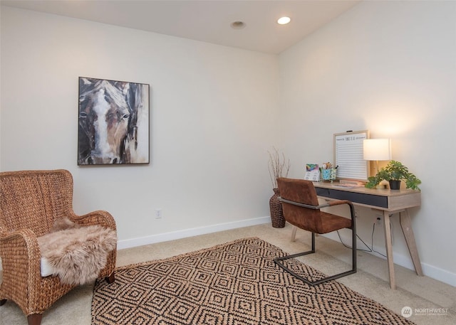 home office featuring light colored carpet