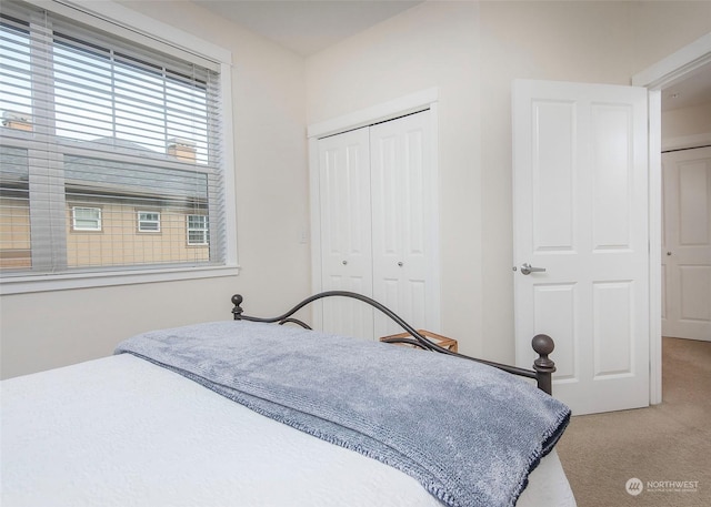 carpeted bedroom with a closet