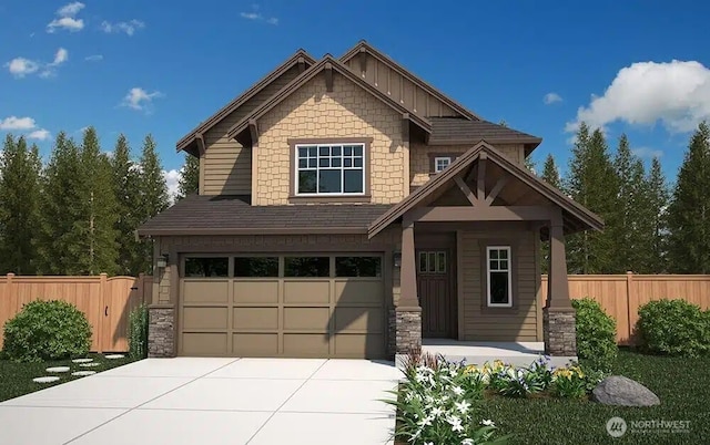 craftsman-style home with driveway, a garage, fence, and board and batten siding