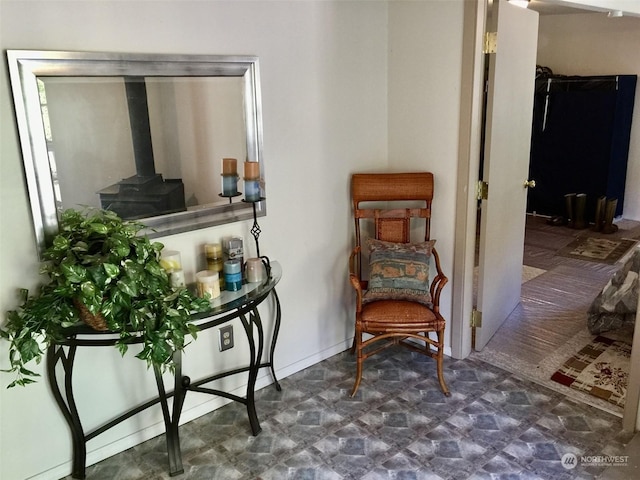 living area with a wood stove