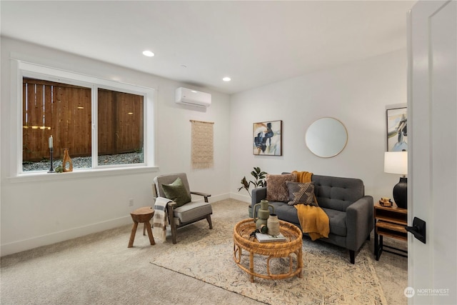 living room featuring light carpet and an AC wall unit