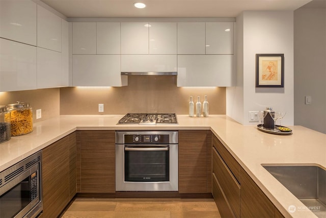 kitchen featuring sink, light wood-type flooring, white cabinetry, exhaust hood, and stainless steel appliances