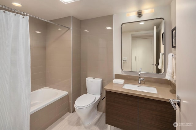 full bathroom with toilet, vanity, shower / bathtub combination with curtain, and tile patterned flooring