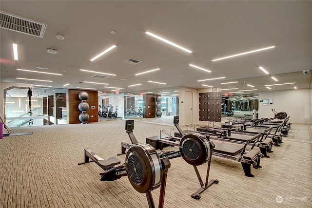 workout area featuring light colored carpet