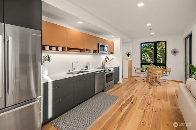 kitchen with sink, stainless steel appliances, and light hardwood / wood-style floors