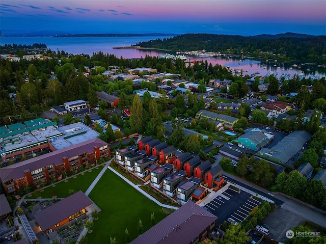 aerial view at dusk featuring a water view