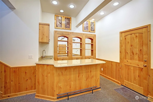 bar featuring dark colored carpet, light brown cabinetry, wood walls, and sink