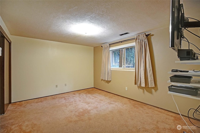 spare room with light carpet and a textured ceiling