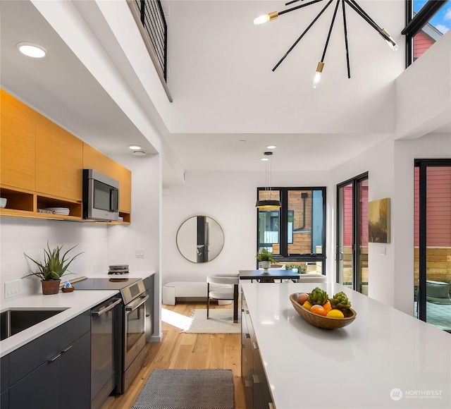 kitchen with hanging light fixtures, light hardwood / wood-style flooring, stainless steel appliances, and a healthy amount of sunlight